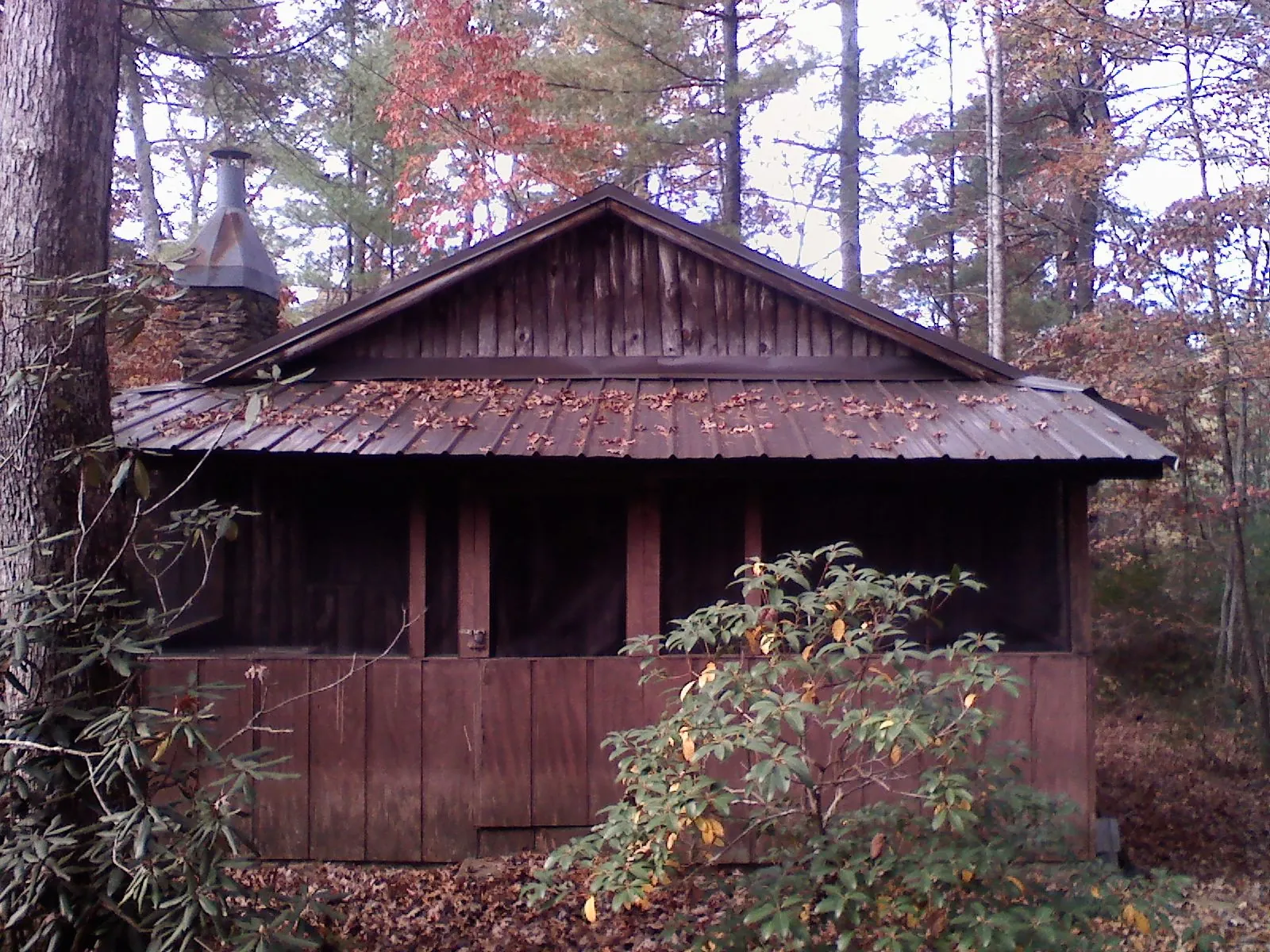 Metal roof over the screened porch of a rustic cabin in Bedford