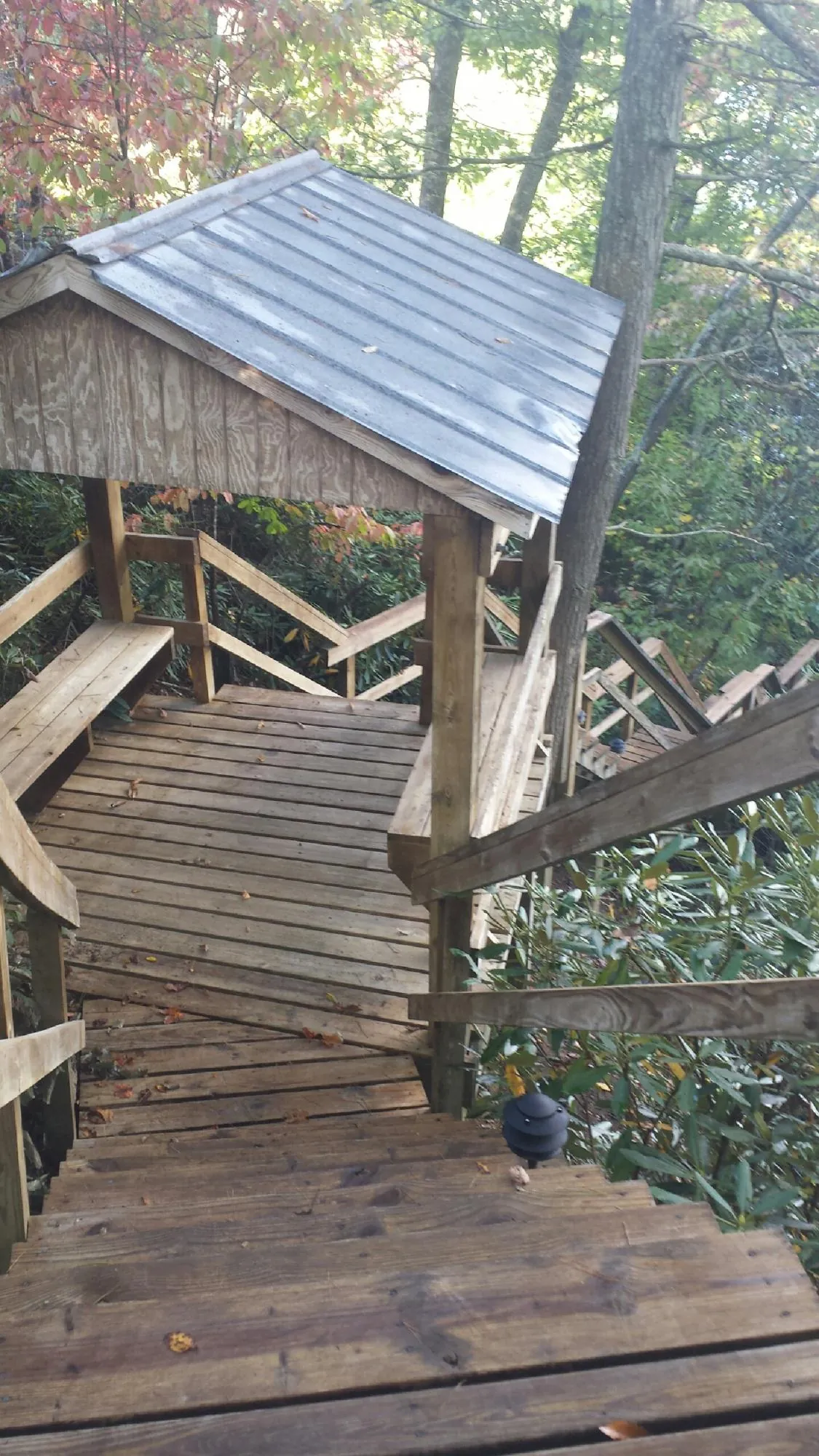 Metal roofed shelter over wooden steps on a wooded walkway — Skylight Repair & Installation work by our crew in Bedford